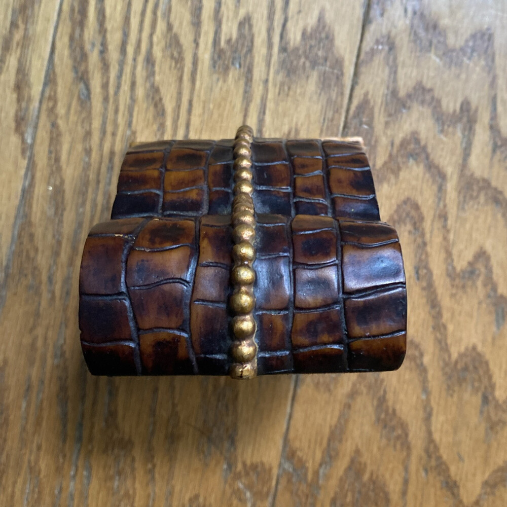 Vintage Wooden Alligator Pattern Bookend With Brass color Beaded Trim 1 piece